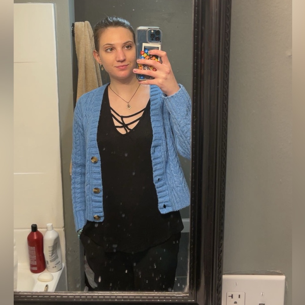 American Eagle Blue Cable Knit Long Sleeve Cropped Cardigan Sweater S